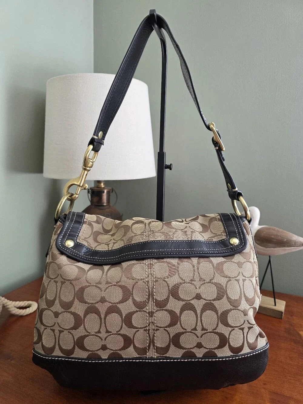 Coach Legacy Ali F12857 Khaki Black Signature Canvas Leather Shoulder Bag Y2K